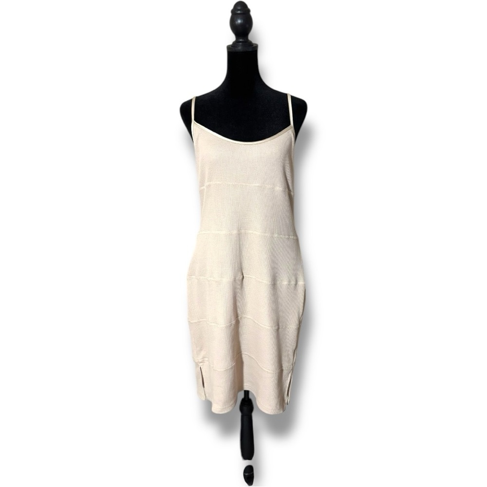 Current Air Cream Waffle Knit Side Slit Thin Strap Sleeveless Mini Dress - Picture 2 of 14